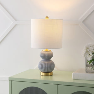 HomeRoots 20" Gold Gourd Table Lamp - Elegant LED Lighting with White Drum Shade for Modern Home Décor 715799