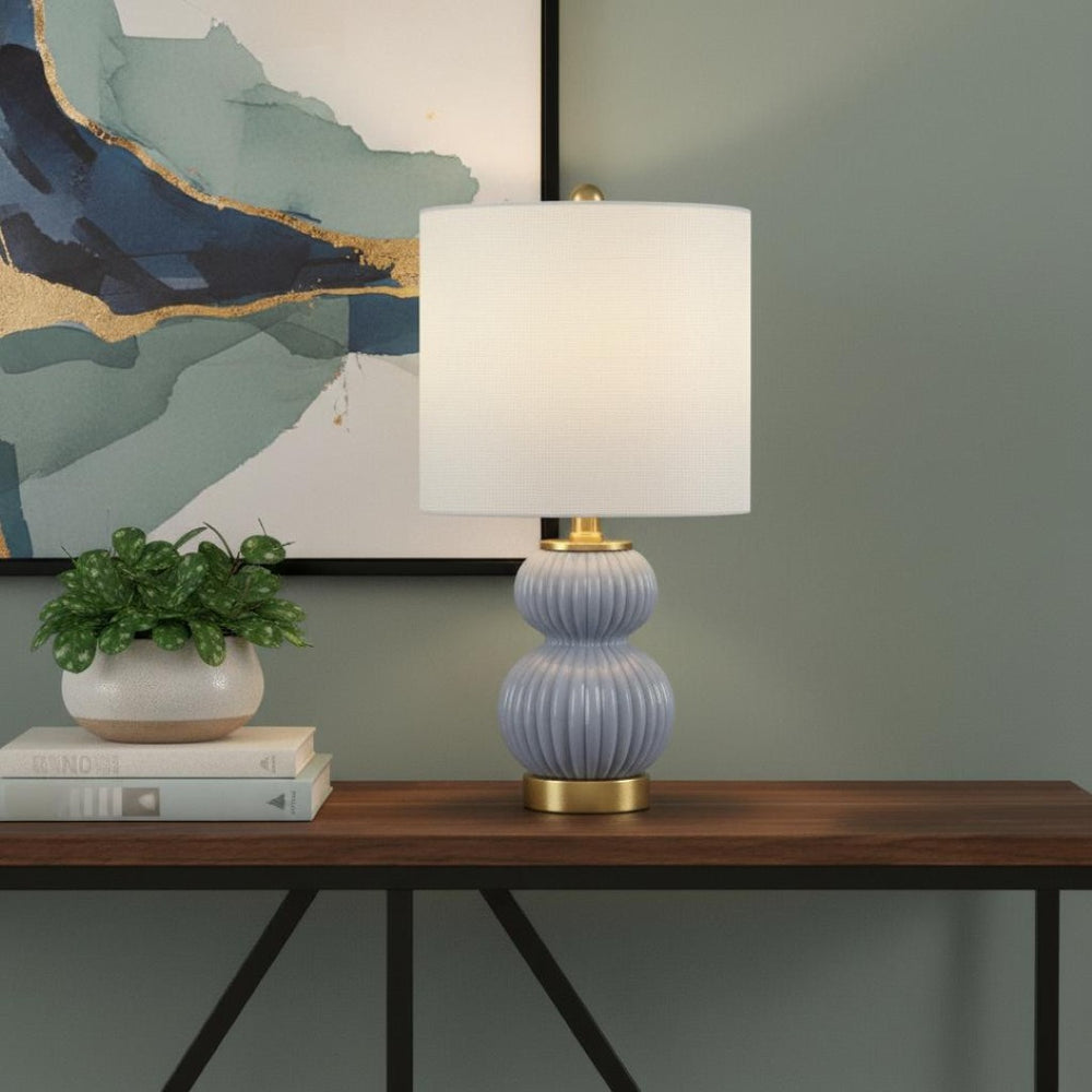 HomeRoots 20" Gold Gourd Table Lamp - Elegant LED Lighting with White Drum Shade for Modern Home Décor 715799