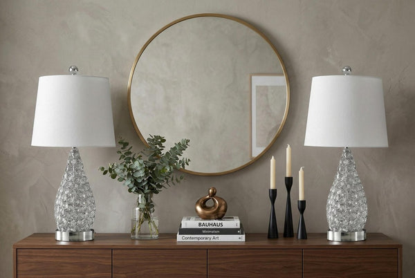Set of Two Silver Gourd Accent Lamps with Empire Shades for Elegant Living Rooms