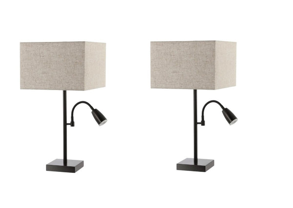 HomeRoots Set of Two Antiqued Bronze Swing Arm Table Lamps with Elegant Square Fabric Shades 715806
