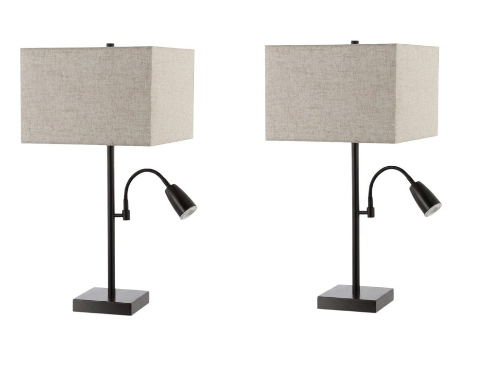 HomeRoots Set of Two Antiqued Bronze Swing Arm Table Lamps with Elegant Square Fabric Shades 715806
