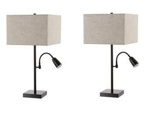 Set of Two Antiqued Bronze Swing Arm Table Lamps with Elegant Square Fabric Shades