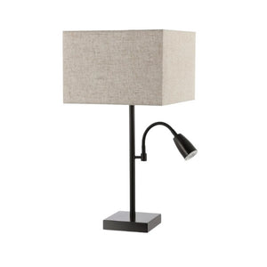 Set of Two Antiqued Bronze Swing Arm Table Lamps with Elegant Square Fabric Shades