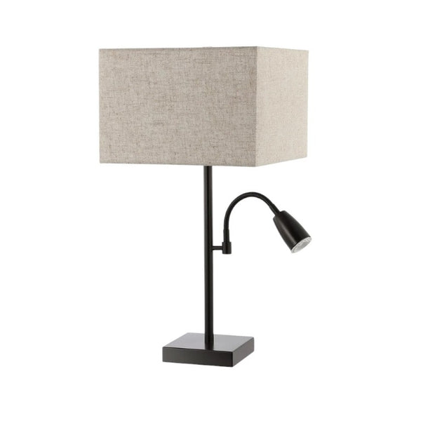 Set of Two Antiqued Bronze Swing Arm Table Lamps with Elegant Square Fabric Shades