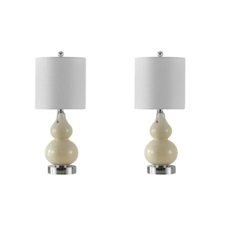 HomeRoots Set of Two Gourd Shaped Silver Table Lamps with Fabric Drum Shades for Living Room 715807