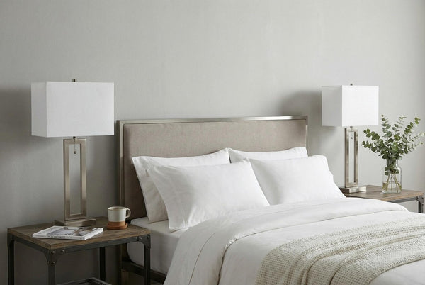 Set of Two Nickel Finish Table Lamps with Coordinating Shades for Living Rooms
