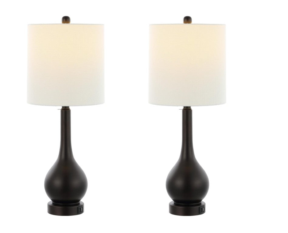 HomeRoots Set of Two Antiqued Bronze Gourd Table Lamps Featuring Neutral Drum Shades for Accent Decor 715811