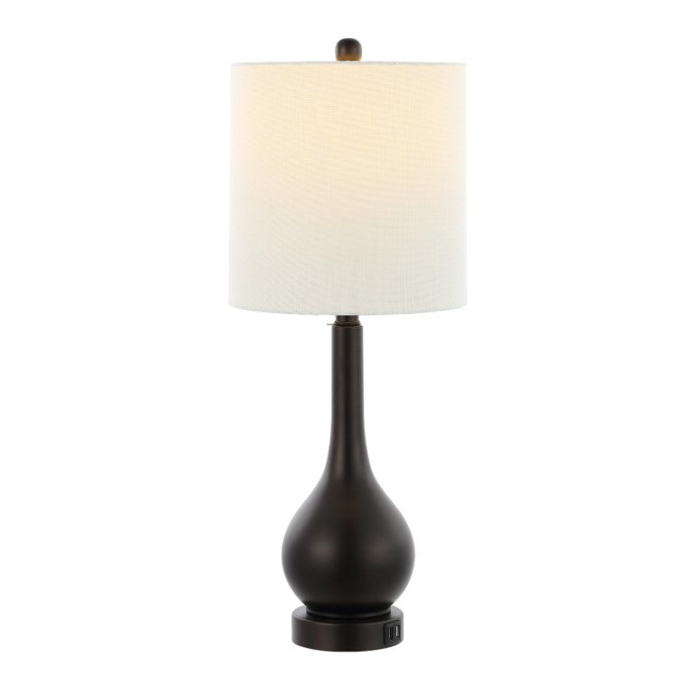 HomeRoots Set of Two Antiqued Bronze Gourd Table Lamps Featuring Neutral Drum Shades for Accent Decor 715811