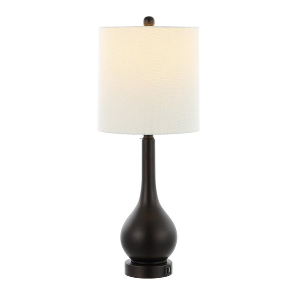 Set of Two Antiqued Bronze Gourd Table Lamps Featuring Neutral Drum Shades for Accent Decor