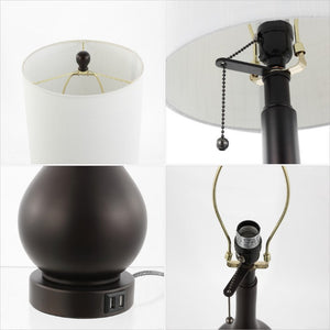 Set of Two Antiqued Bronze Gourd Table Lamps Featuring Neutral Drum Shades for Accent Decor