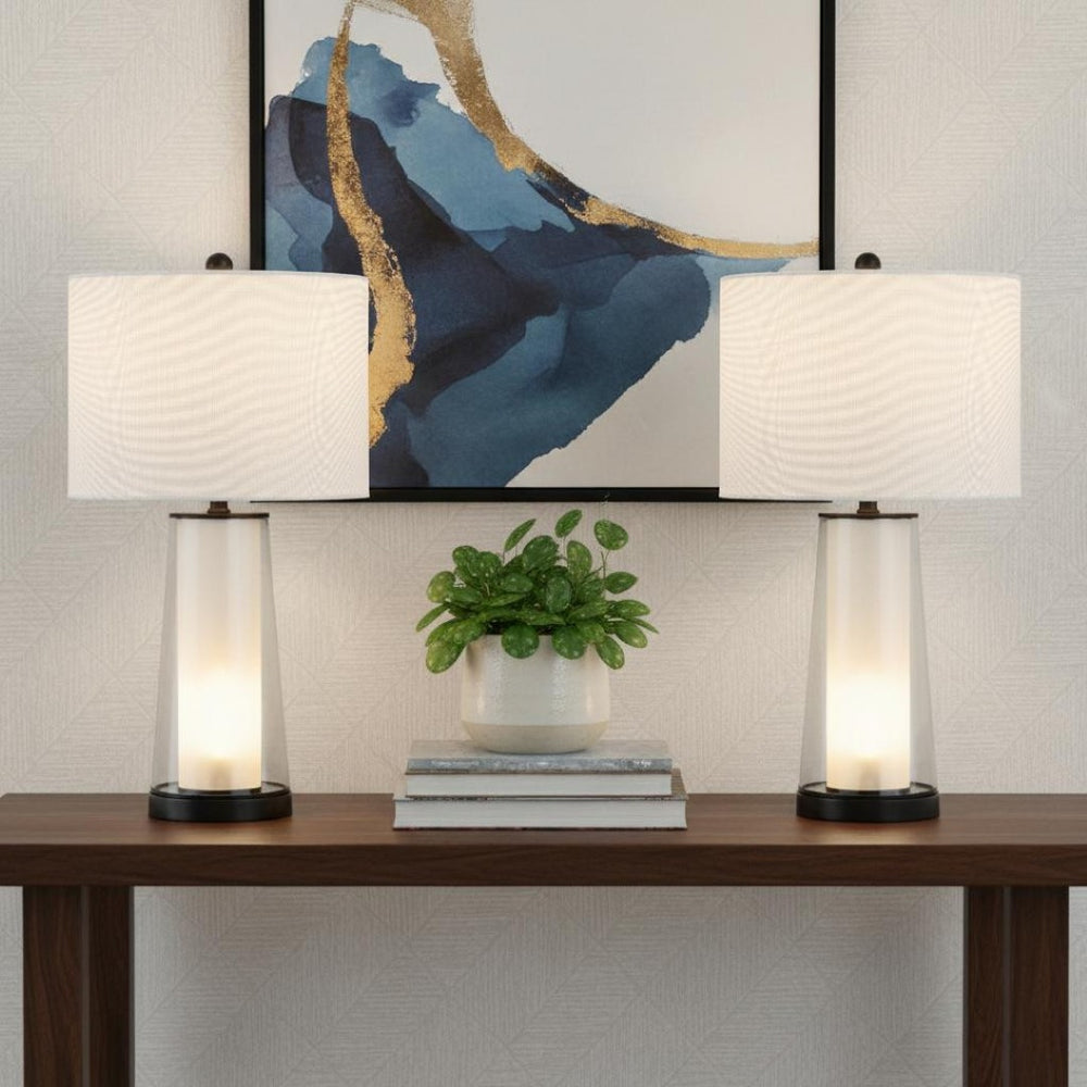HomeRoots 17" Clear Round Table Lamp with Beige Empire Shade - Timeless Elegance for Any Room Décor Style 715822