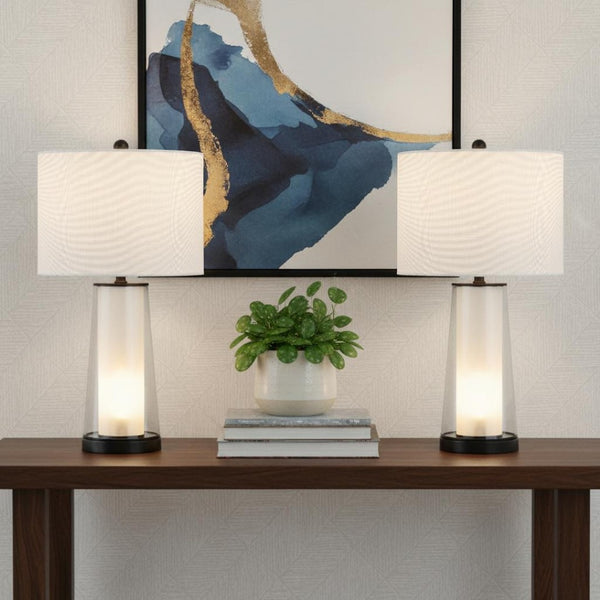 HomeRoots 17" Clear Round Table Lamp with Beige Empire Shade - Timeless Elegance for Any Room Décor Style 715822