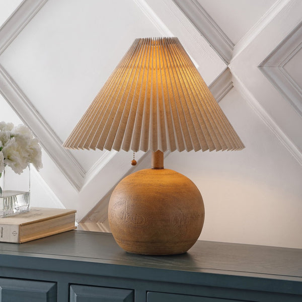 HomeRoots 17" Clear Round Table Lamp LED – Mid-Century Modern Design with Beige Linen Shade for Cozy Ambiance 715823