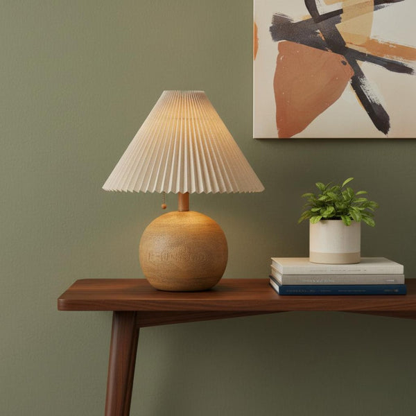 HomeRoots 17" Clear Round Table Lamp LED – Mid-Century Modern Design with Beige Linen Shade for Cozy Ambiance 715823