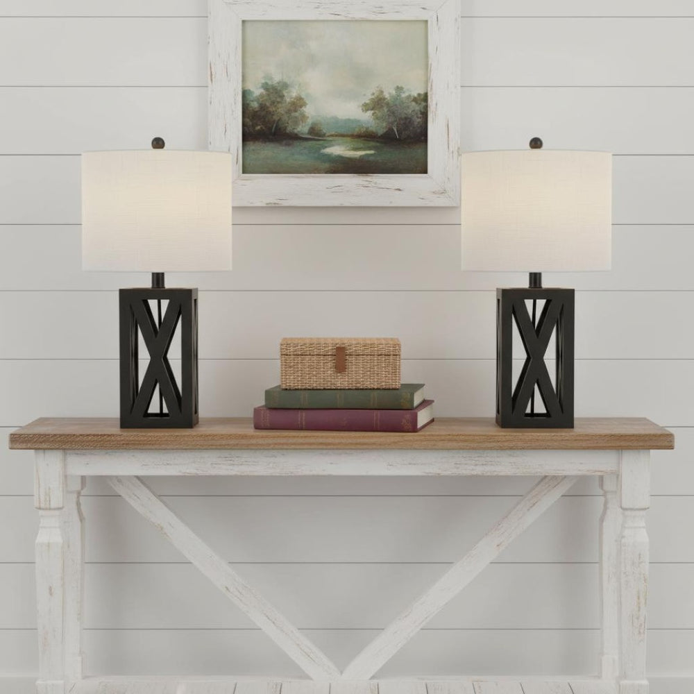 HomeRoots Set of Two 22" Gray Table Lamps – Elegant Solid Wood Design with Linen Drum Shades for Any Room 715834