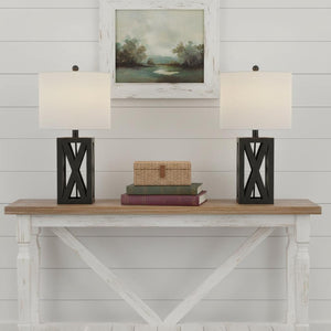HomeRoots Set of Two 22" Gray Table Lamps – Elegant Solid Wood Design with Linen Drum Shades for Any Room 715834