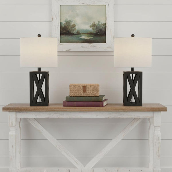 HomeRoots Set of Two 22" Gray Table Lamps – Elegant Solid Wood Design with Linen Drum Shades for Any Room 715834