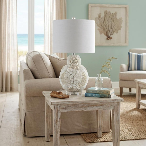 24 Inch Coastal Seashell Accent Lamp with Drum Shade for Bedroom or Living Room