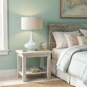 HomeRoots 29 Inch Teardrop Glass Table Lamp Light Blue Clear Base with Neutral Drum Shade 715854