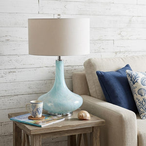 29 Inch Teardrop Glass Table Lamp Light Blue Clear Base with Neutral Drum Shade