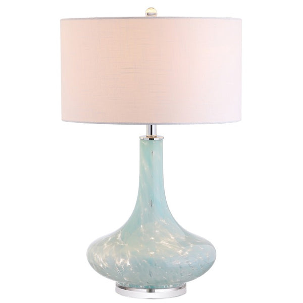 29 Inch Teardrop Glass Table Lamp Light Blue Clear Base with Neutral Drum Shade