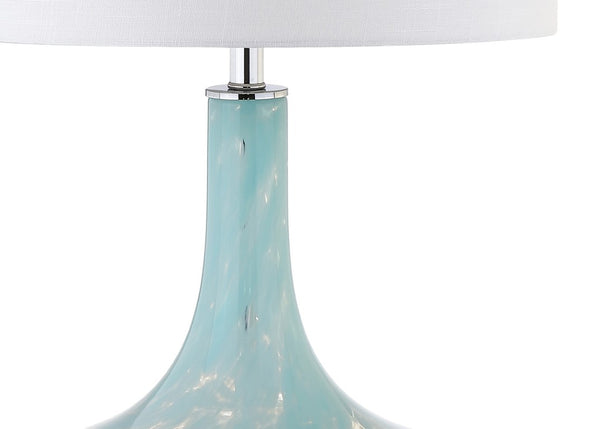 29 Inch Teardrop Glass Table Lamp Light Blue Clear Base with Neutral Drum Shade