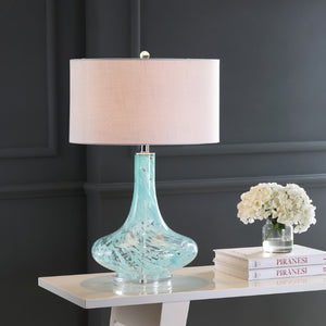 29 Inch Teardrop Glass Table Lamp Light Blue Clear Base with Neutral Drum Shade