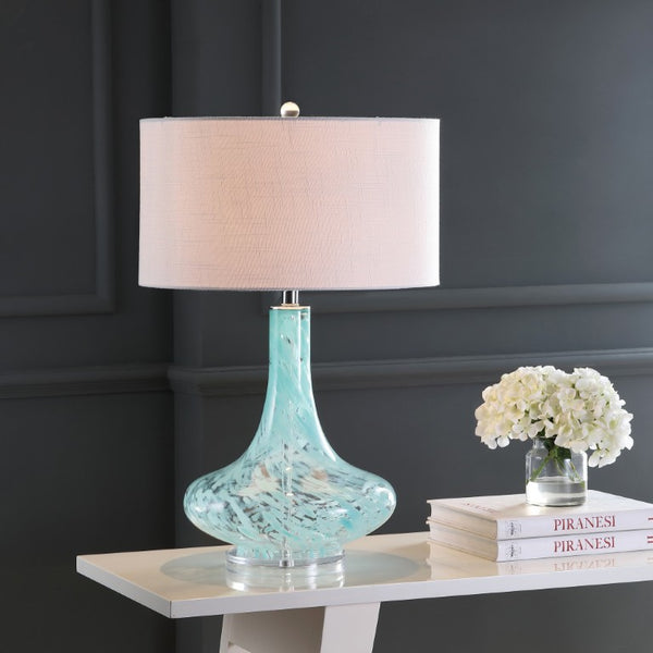 29 Inch Teardrop Glass Table Lamp Light Blue Clear Base with Neutral Drum Shade