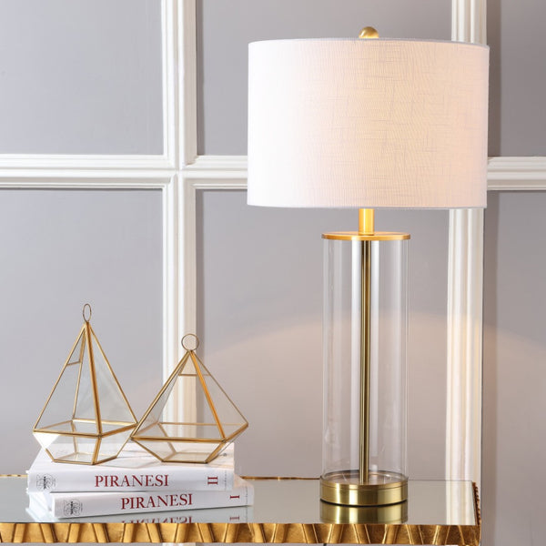 HomeRoots 29" Antiqued Bronze Table Lamp with White Linen Shade - Stylish, Energy-Efficient Ambient Lighting 715858