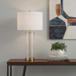 HomeRoots 29" Antiqued Bronze Table Lamp with White Linen Shade - Stylish, Energy-Efficient Ambient Lighting 715858