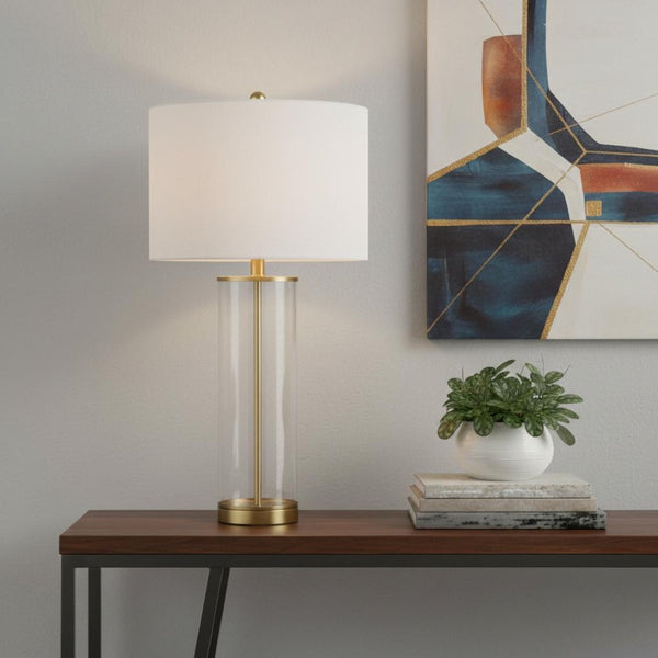 HomeRoots 29" Antiqued Bronze Table Lamp with White Linen Shade - Stylish, Energy-Efficient Ambient Lighting 715858
