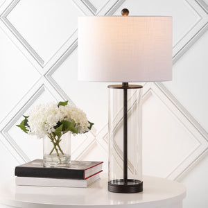 HomeRoots 29" Clear Novelty Table Lamp - Elegant LED with White Linen Shade for Chic Home & Office Decor 715859