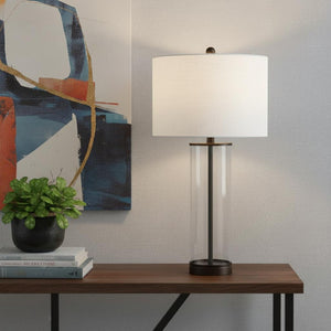 HomeRoots 29" Clear Novelty Table Lamp - Elegant LED with White Linen Shade for Chic Home & Office Decor 715859