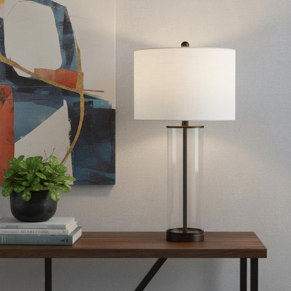 HomeRoots 29" Clear Novelty Table Lamp - Elegant LED with White Linen Shade for Chic Home & Office Decor 715859