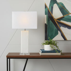 HomeRoots 26" Clear Crystal Table Lamp with Linen Drum Shade - Modern Accent for Stylish Lighting & Decor 715863