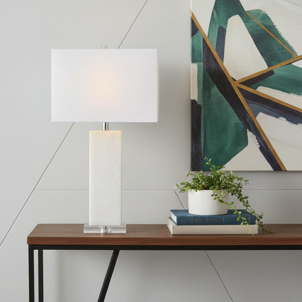 HomeRoots 26" Clear Crystal Table Lamp with Linen Drum Shade - Modern Accent for Stylish Lighting & Decor 715863