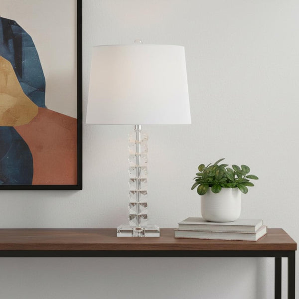 HomeRoots 26" Clear Novelty Table Lamp – Elegant LED Lighting with White Linen Shade for Modern Interiors 715864