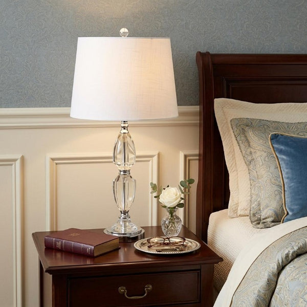 27 Inch Silver Table Lamp with Drum Shade for Bedroom Nightstand Ambient Glow