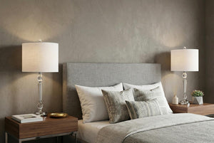 Set of Two Modern Drum Shade Table Lamps Clear Glass Base Silver Bedroom Accent