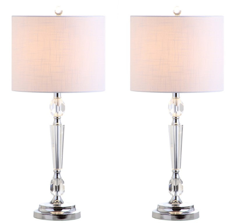 HomeRoots Set of Two Modern Drum Shade Table Lamps Clear Glass Base Silver Bedroom Accent 715876