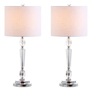 HomeRoots Set of Two Modern Drum Shade Table Lamps Clear Glass Base Silver Bedroom Accent 715876