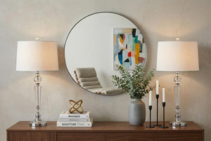 Set of Two Glass Base Accent Table Lamps with Elegant Drum Shades for Any Room