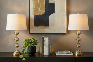 Set of Two Gold Finish Bedside Table Lamps with Elegant Drum Shades for Bedroom