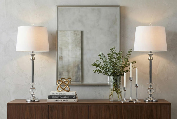 Set of Two Silver Accent Table Lamps Featuring Drum Shades for Modern Living Rooms