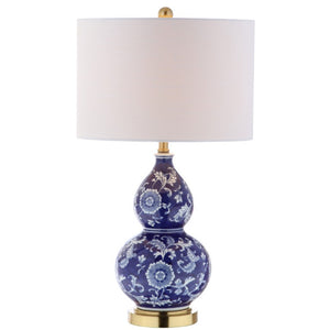 HomeRoots 27 Inch Novelty Table Lamp with Drum Shade for Elegant Living Room Accent Decor Blue / Gold Ceramic / Linen 715894