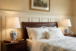 Set of Two Urn Table Lamps with Empire Shades in White Blue Gold Finish