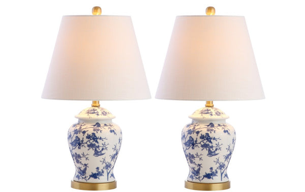 HomeRoots Set of Two Urn Table Lamps with Empire Shades in White Blue Gold Finish 715896
