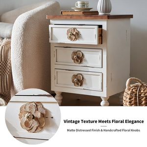 English Elm Vintage Farmhouse End Table with Floral Knobs 3-Drawer Rustic Nightstand Solid Wood Accents Antique White,Walnut W3306P318861