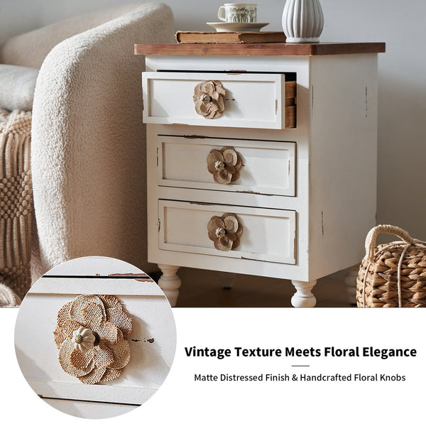 English Elm Vintage Farmhouse End Table with Floral Knobs 3-Drawer Rustic Nightstand Solid Wood Accents Antique White,Walnut W3306P318861
