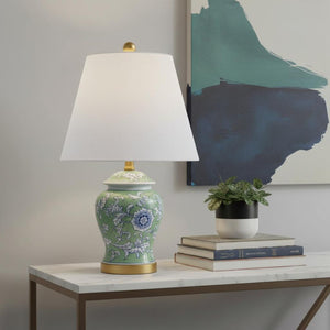 HomeRoots 23" Clear Acrylic Table Lamp with White Linen Drum Shade & Gold Base - Modern Décor Accent Piece 715910